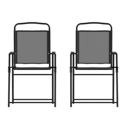 Set of 2 contemporary sling-style patio chairs with armrests from Start2Finish, showcasing modern outdoor furniture with cushioned seats.