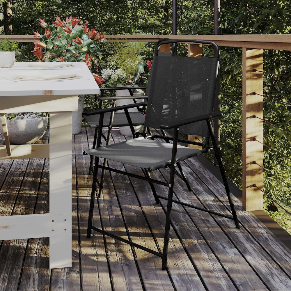 Set of 2 contemporary sling style patio chairs with armrests, featuring sleek frames and comfortable seating for outdoor furniture.
