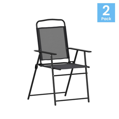 Set of 2 Start2Finish contemporary sling style patio chairs with armrests, featuring sleek design and comfortable seating.