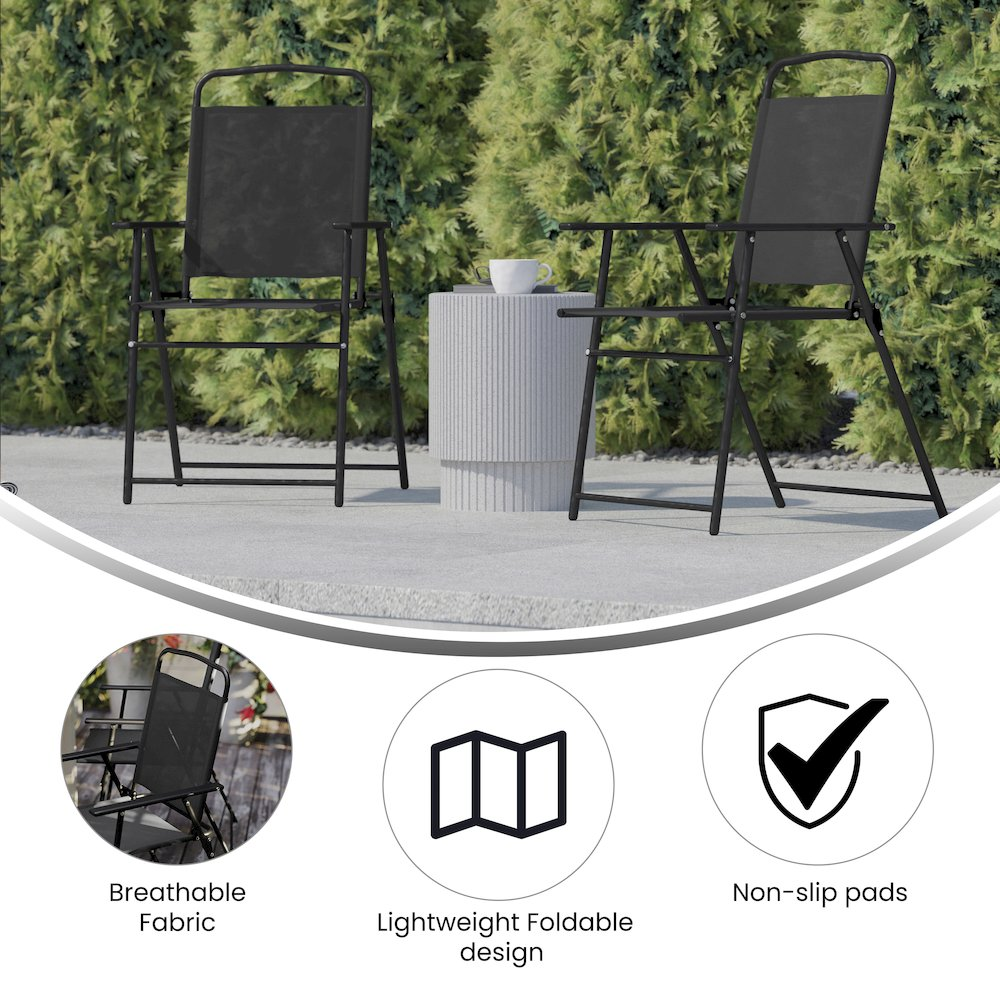 Set of two contemporary sling-style patio chairs with armrests, black metal frames and fabric seats for outdoor furniture.