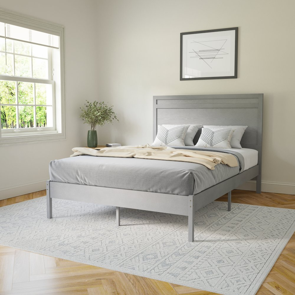 Modern full size wooden platform bed with headboard by Start2Finish, featuring a sleek design and sturdy wood construction.