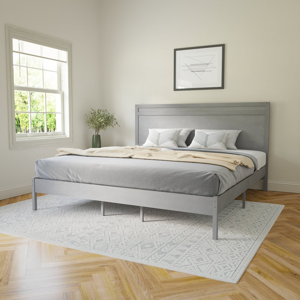 Modern king size wooden platform bed with headboard from Start2Finish, showcasing a sleek design and sturdy wood construction.