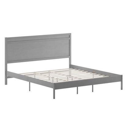 Modern king size wooden platform bed with headboard by Start2Finish, featuring a sleek design and natural wood finish.