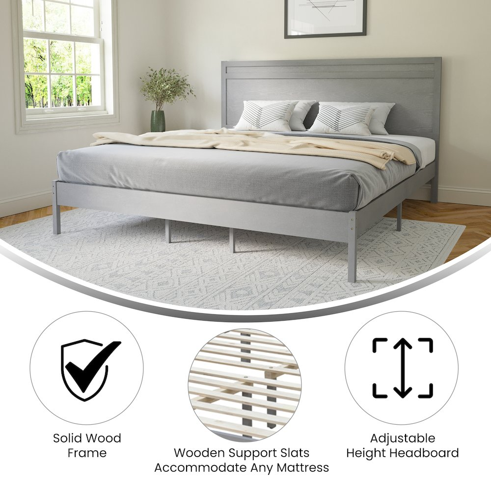 Modern king size wooden platform bed with headboard, featuring clean lines and sturdy construction from Start2Finish.