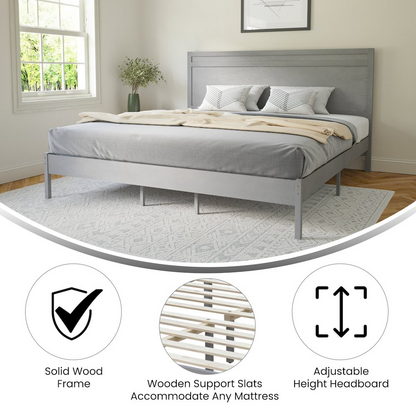 Modern king size wooden platform bed with headboard, featuring clean lines and sturdy construction from Start2Finish.