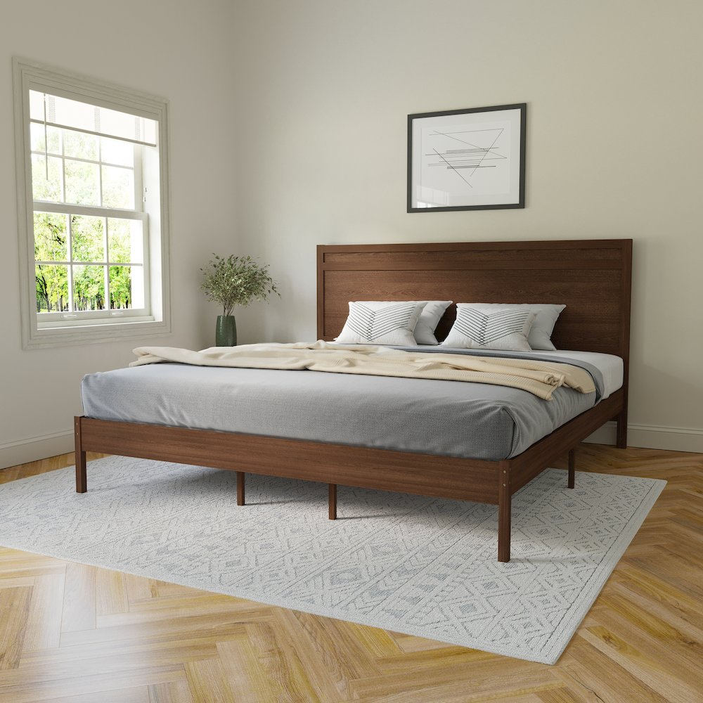 Modern king size wooden platform bed with headboard by Start2Finish, featuring a sleek design and sturdy wooden construction.