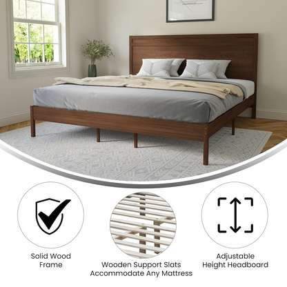 Modern king-size wooden platform bed with headboard by Start2Finish, shown with sleek wooden frame and plush mattress.