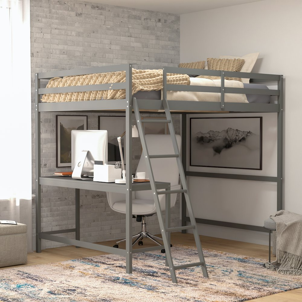 Start2Finish full loft bed frame with integrated desk, featuring a sturdy wooden structure and a spacious workspace underneath.