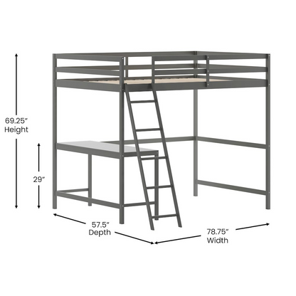 Start2Finish full loft bed frame with integrated desk and storage, featuring a sturdy wooden structure and modern design.