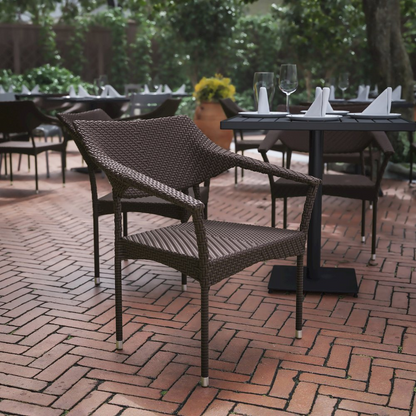 Modern stackable patio dining chair with arms by Start2Finish, featuring a sleek design and comfortable armrests for outdoor seating.
