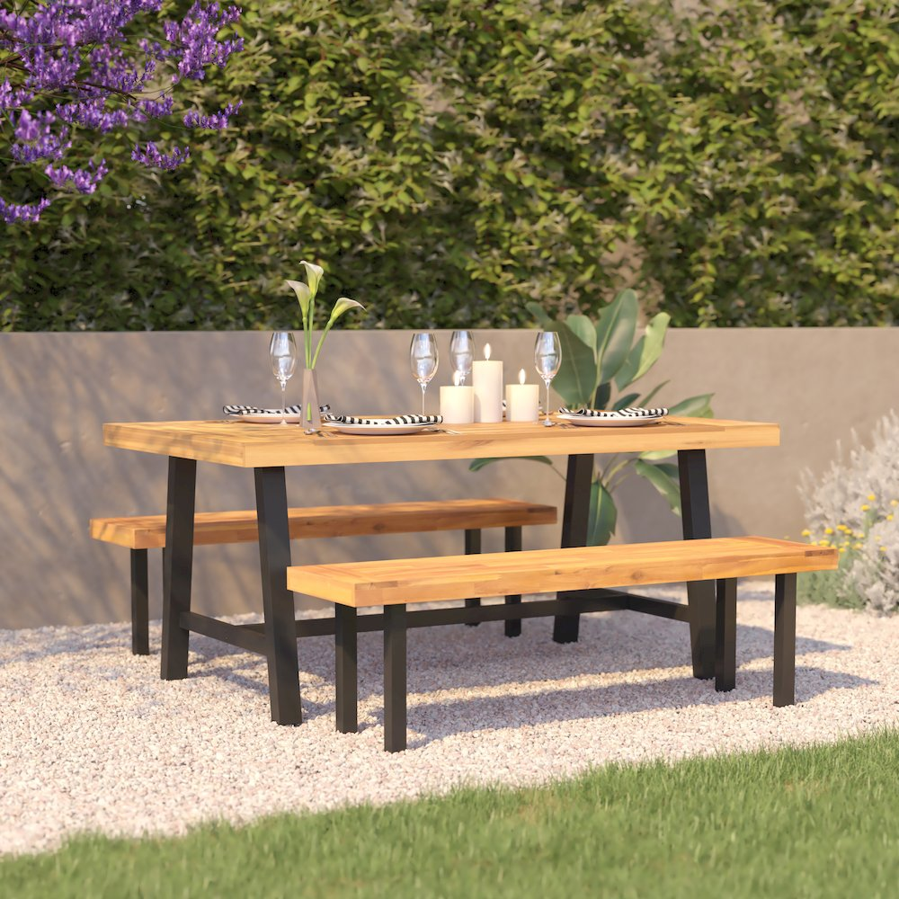 Modern commercial grade acacia wood patio dining table by Start2Finish, showcasing a sturdy rectangular outdoor table with slatted surface.
