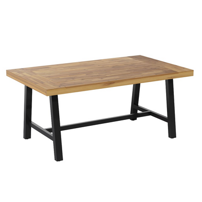 Modern commercial grade acacia wood patio dining table by Start2Finish, showing a sturdy rectangular outdoor table with slatted surface.