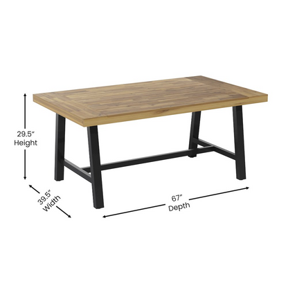 Modern commercial-grade acacia wood patio dining table with sturdy legs and smooth surface for outdoor dining.