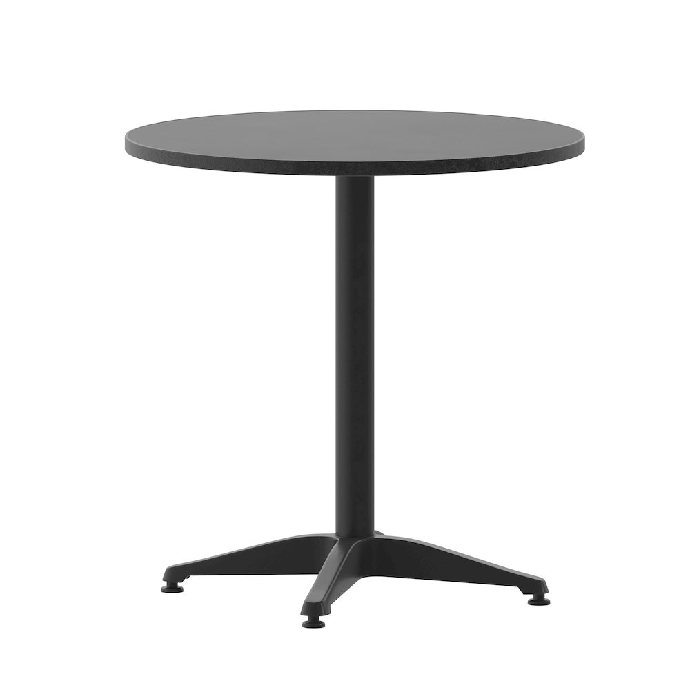 Round Start2Finish patio table with sturdy wooden surface, ideal for restaurant, banquet hall, or dining room settings.