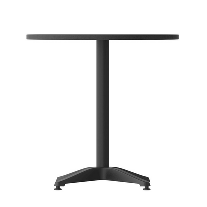Round Start2Finish patio table for restaurants, banquet halls, and dining rooms, featuring a sturdy wooden surface and metal legs.