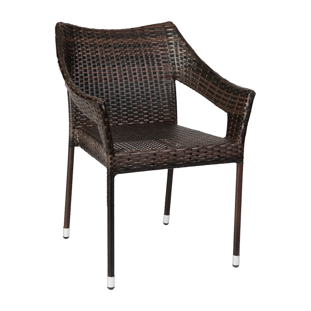 Modern stackable patio dining chair with arms, beige cushion, metal frame, designed for outdoor dining and easy storage.