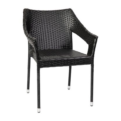 Modern stackable patio dining chair with arms by Start2Finish, featuring a sleek design and comfortable armrests for outdoor dining.