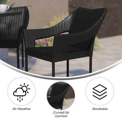 Modern stackable patio dining chair with arms by Start2Finish, featuring a sleek design and comfortable armrests for outdoor seating.