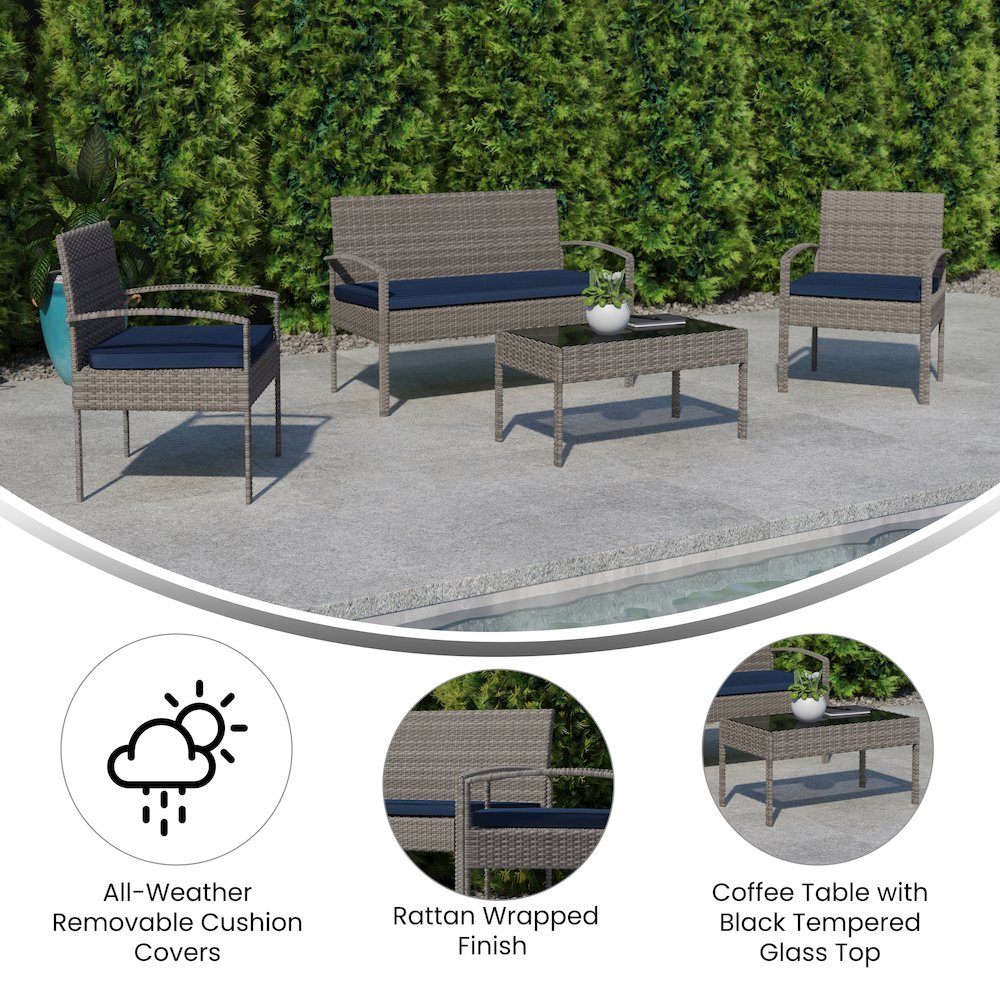 Contemporary outdoor seating set by Start2Finish with a sofa, armchair, and glass-topped coffee table on a patio.