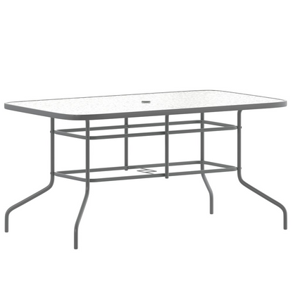 Rectangular glass patio table with seating for six, featuring a sleek design by Start2Finish for outdoor dining and entertaining.