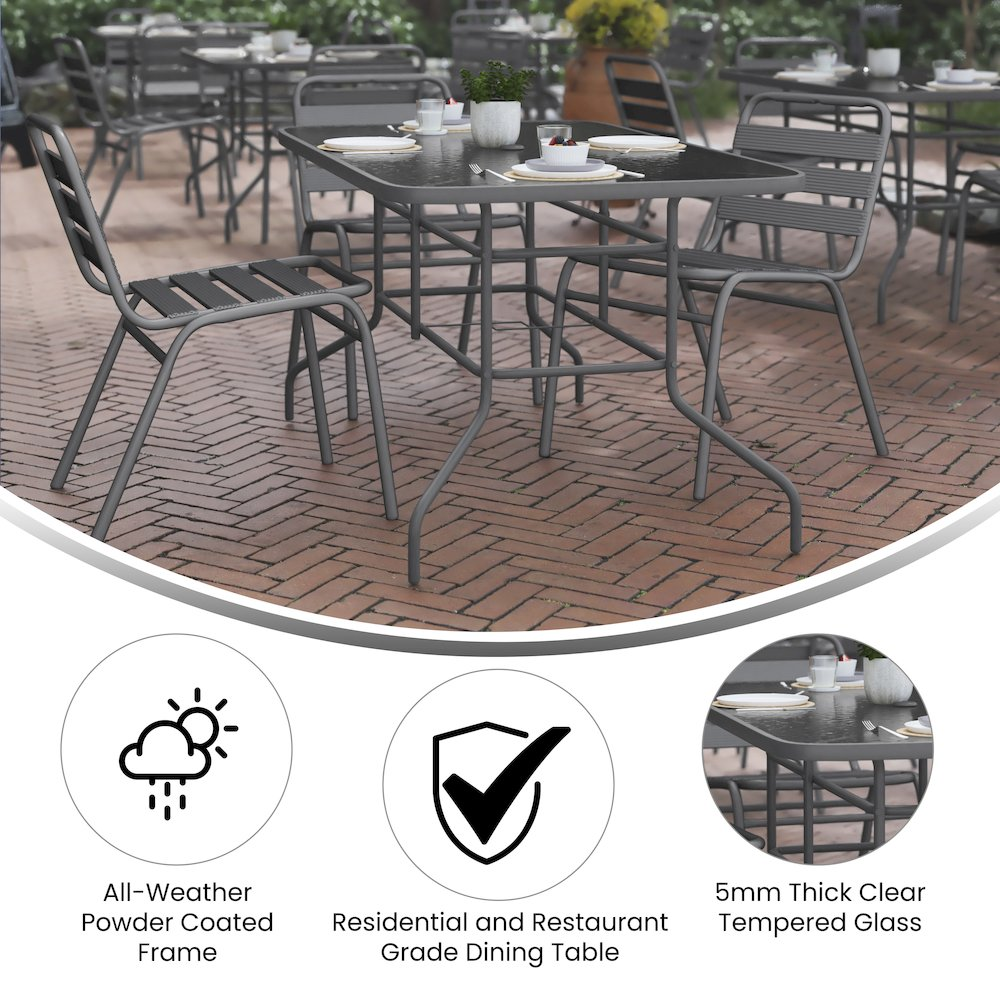 Rectangular glass patio table with beige seating for six, outdoor furniture by Start2Finish, perfect for garden or patio dining.