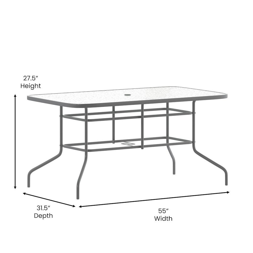Rectangular glass patio table by Start2Finish with seating for six, featuring a sleek glass top and sturdy metal frame.