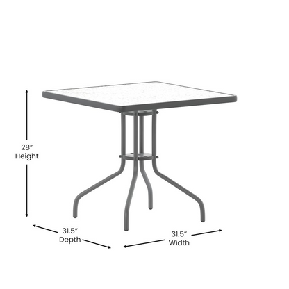 Square Start2Finish patio table for restaurants and banquet halls, featuring a sturdy wooden top and metal legs.