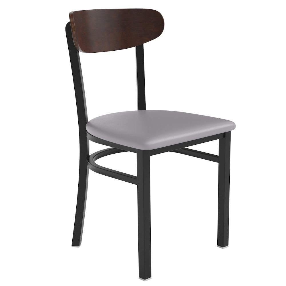Commercial dining chair with vinyl upholstered seat and wood boomerang back for restaurant or café seating.