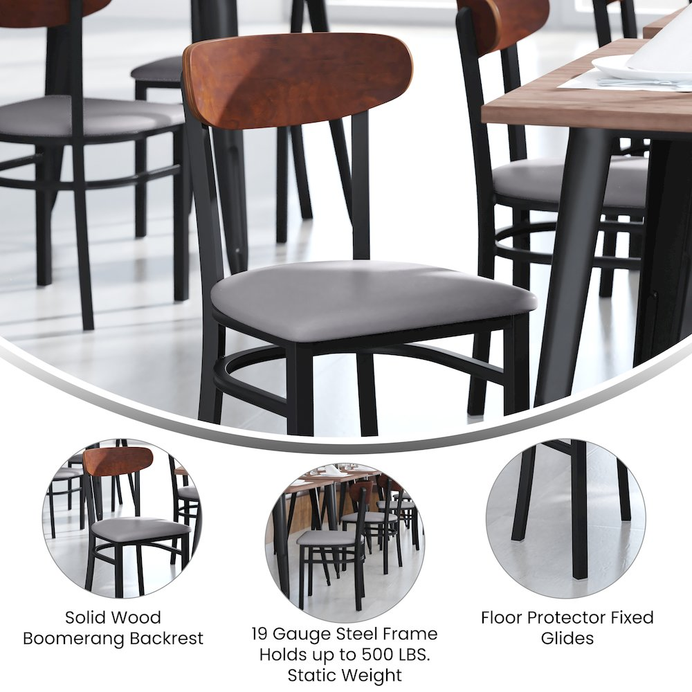 Start2Finish commercial dining chair with vinyl upholstered seat and wood boomerang back for restaurant seating.