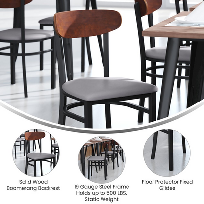 Start2Finish commercial dining chair with vinyl upholstered seat and wood boomerang back for restaurant seating.
