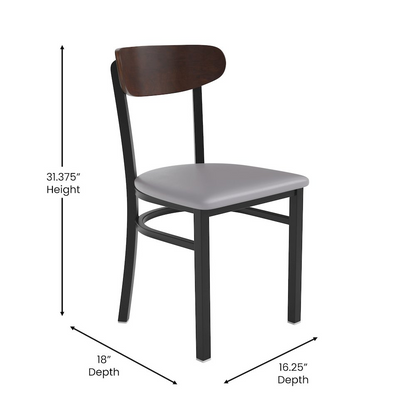 Commercial dining chair with vinyl upholstered seat and wood boomerang back, featuring a sturdy design and natural wood finish.
