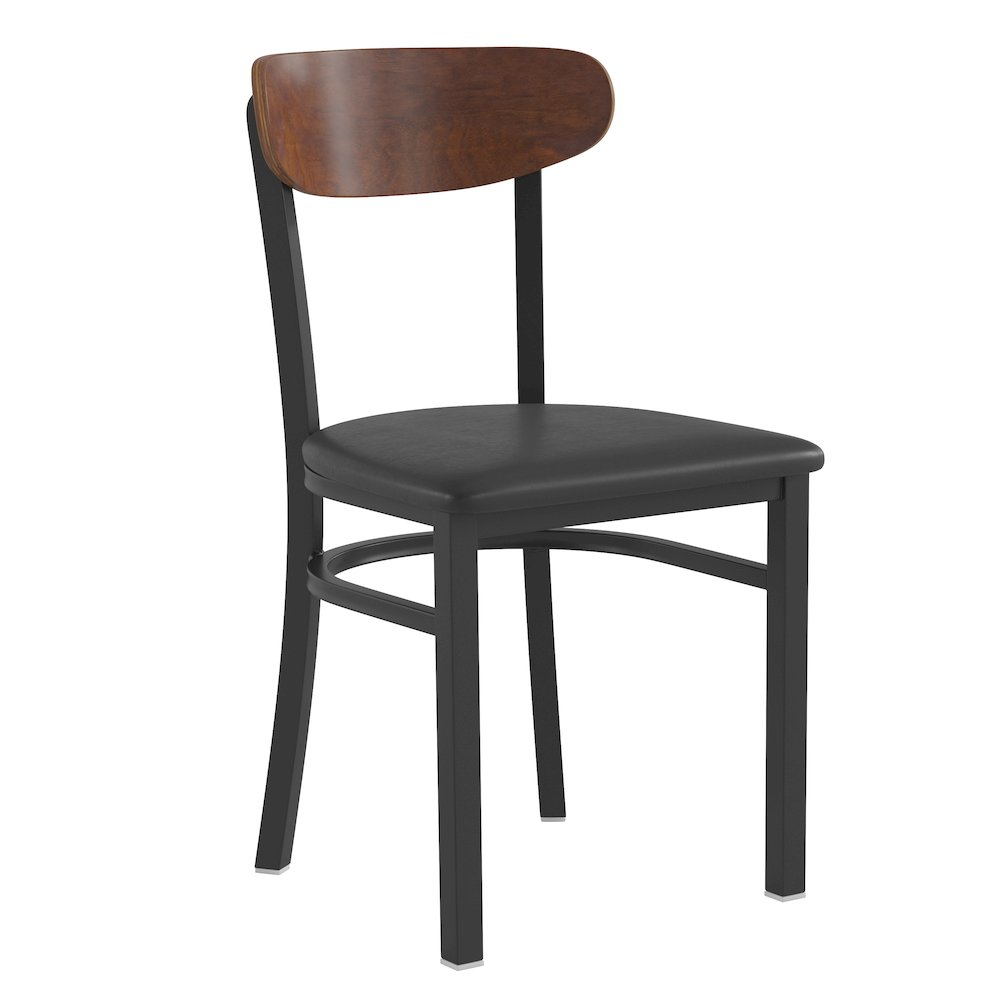 Start2Finish commercial dining chair with vinyl upholstered seat and wood boomerang back for restaurant or café seating.