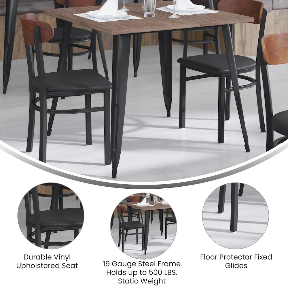 Commercial dining chair with vinyl upholstered seat and wood boomerang back for restaurant or cafe seating.