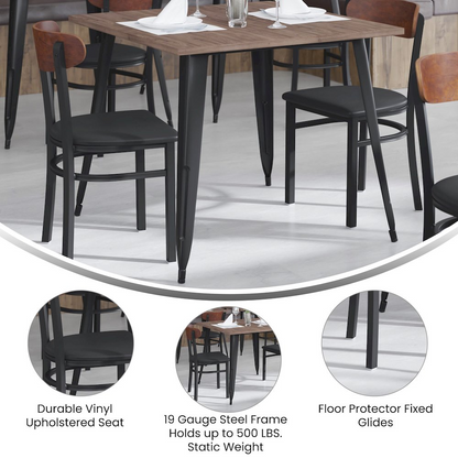 Commercial dining chair with vinyl upholstered seat and wood boomerang back for restaurant or cafe seating.