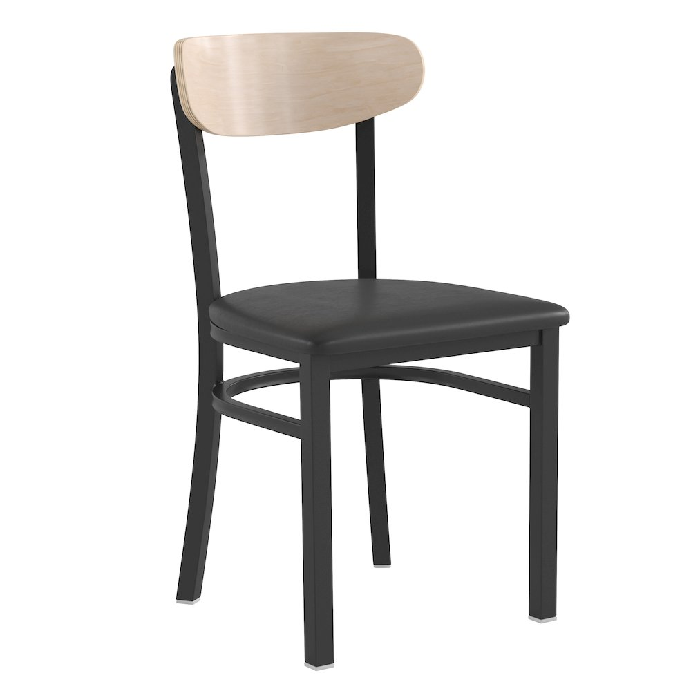 Commercial dining chair with vinyl upholstered seat and wood boomerang-shaped back, made by Start2Finish.