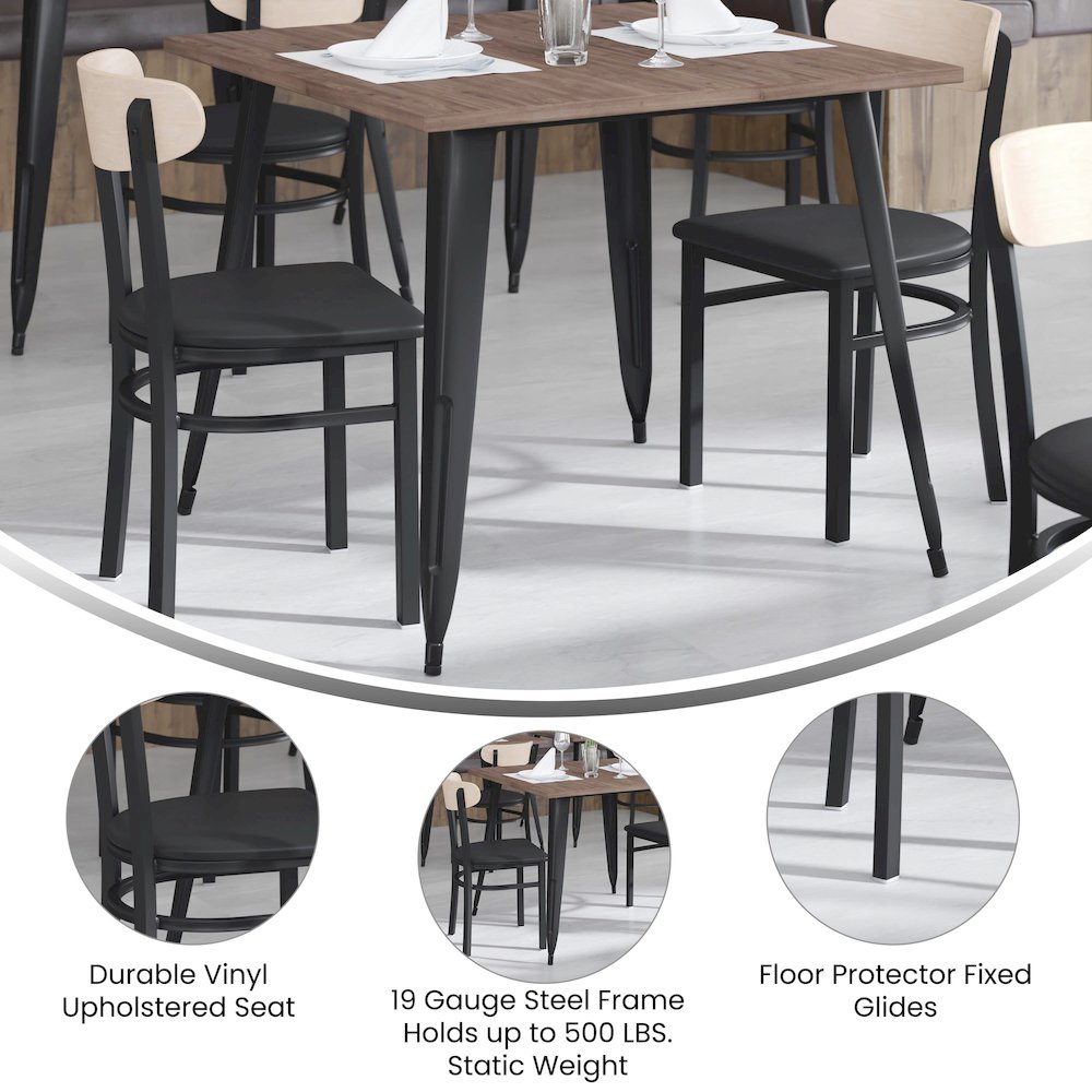 Commercial dining chair with vinyl upholstered seat and wood boomerang back, featuring a sturdy furniture design by Start2Finish