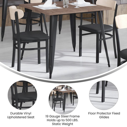 Commercial dining chair with vinyl upholstered seat and wood boomerang back, featuring a sturdy furniture design by Start2Finish