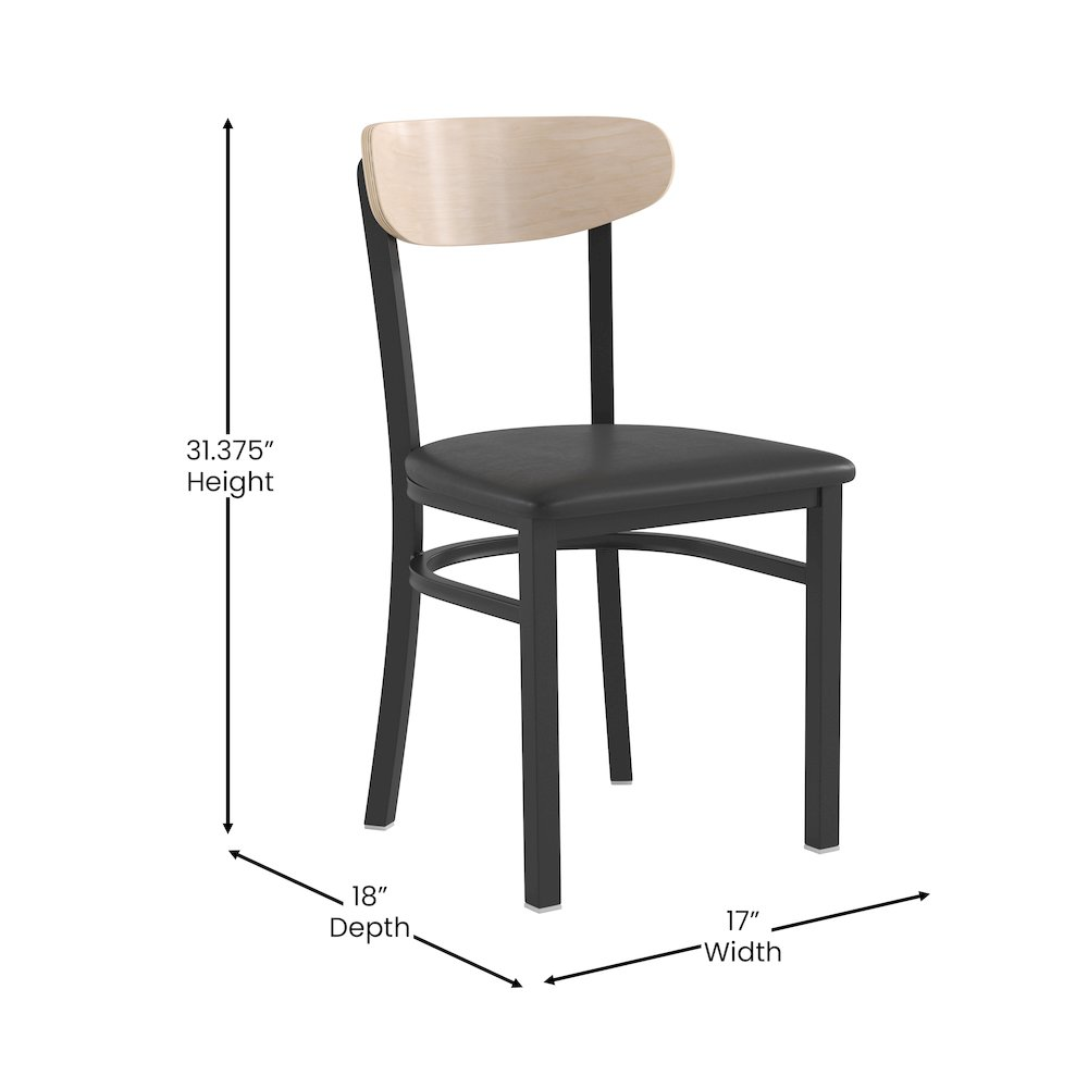 Commercial dining chair with vinyl upholstered seat and wood boomerang back, branded by Start2Finish, suitable for restaurant furniture.