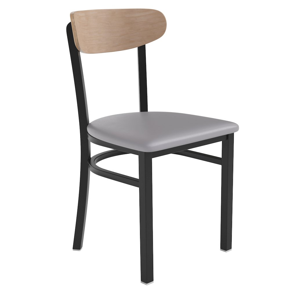 Commercial dining chair by Start2Finish with vinyl upholstered seat and wood boomerang-shaped back for restaurant seating.