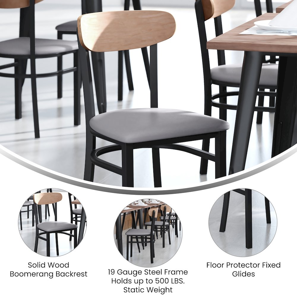 Start2Finish commercial dining chair with vinyl upholstered seat and wood boomerang back for restaurant or cafe seating.