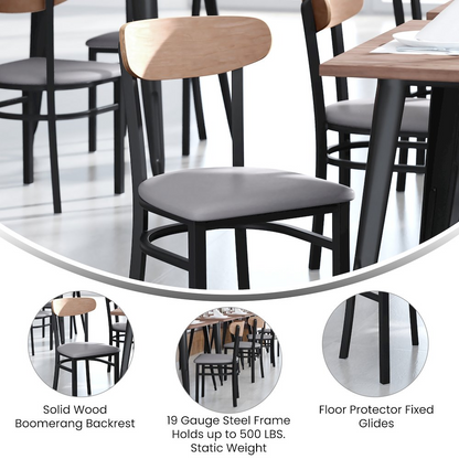 Start2Finish commercial dining chair with vinyl upholstered seat and wood boomerang back for restaurant or cafe seating.