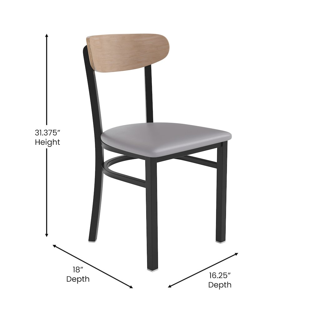 Commercial dining chair with vinyl upholstered seat and wood boomerang back, by Start2Finish