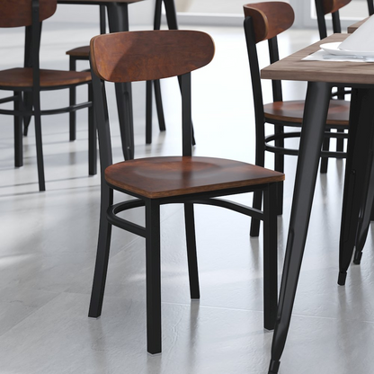 Commercial grade dining chair with solid wood back and seat, featuring a sturdy wooden frame and classic design.