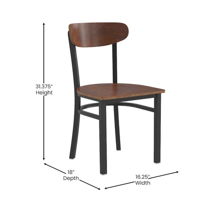 Commercial grade dining chair with solid wood back and seat, featuring a sturdy frame and classic design for restaurant or cafe use.