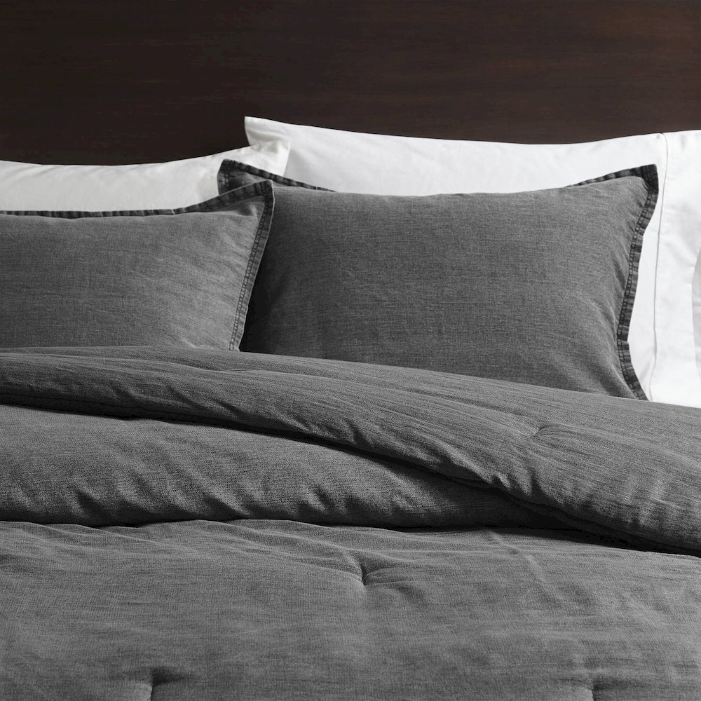 Start2Finish Hudson Twill Washed Comforter Set in grey with matching pillow shams, showcasing soft, textured bedding.