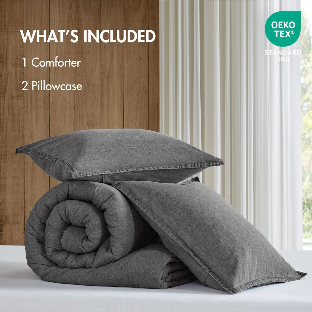 Start2Finish Hudson Twill Washed Comforter Set in grey, showing the soft, textured fabric and neatly arranged bedding.