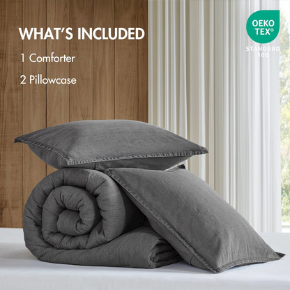 Start2Finish Hudson Twill Washed Comforter Set in grey, showing the soft, textured fabric and neatly arranged bedding.