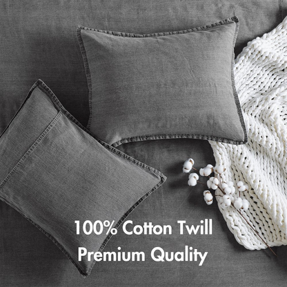 Start2Finish Hudson Twill Washed Grey Comforter Set with matching pillow shams on a bed, showcasing soft, textured bedding.