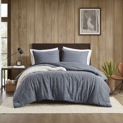 Blue Hudson Twill Washed Comforter Set from Start2Finish, showing the cozy, textured bedding with matching pillow shams.