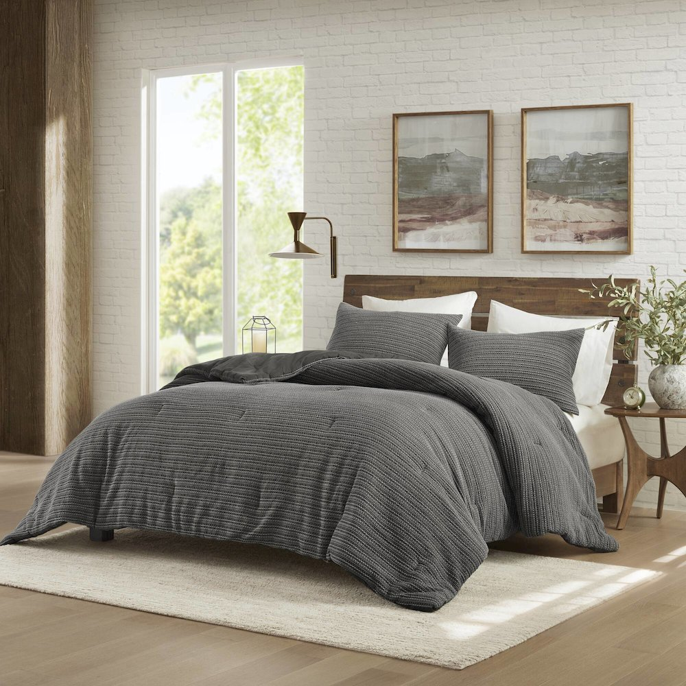 Start2Finish Lyon Waffle Washed Comforter Set in charcoal, featuring a textured waffle pattern and soft bedding for a cozy bedroom look.